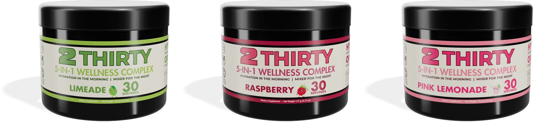 All three 2THIRTY wellness tub flavors — limeade, raspberry, and pink lemonade
