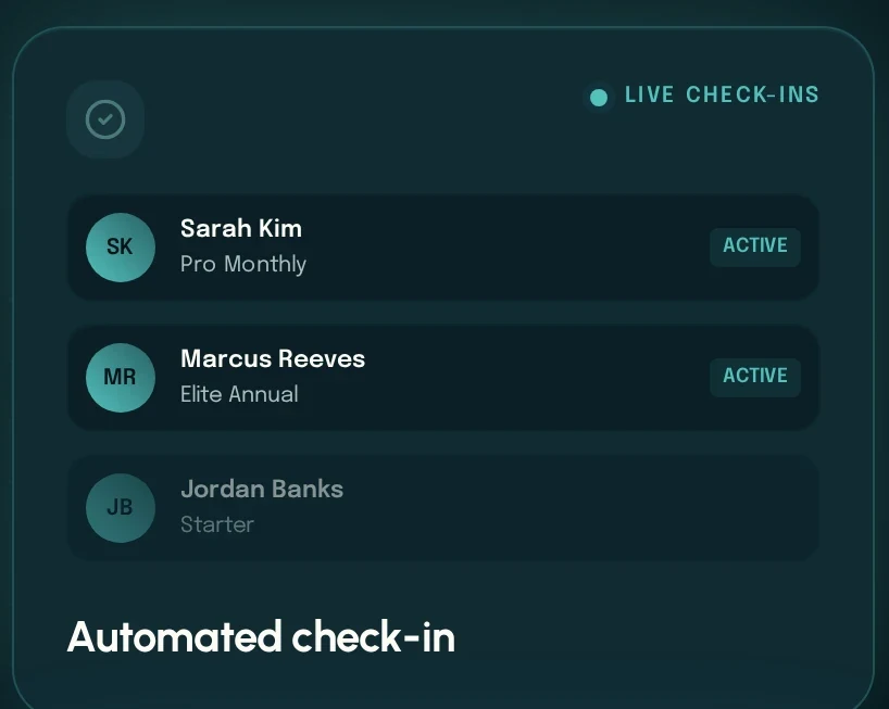 Valence gym management dashboard showing live member check-ins